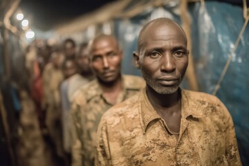Fototapeta premium Solemn Line of Men in Tan Shirts Under Dim Lights Against Blue Fabric