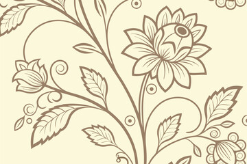 Vintage floral pattern with intricate botanical motif, sepia line art for elegant textiles and backgrounds
