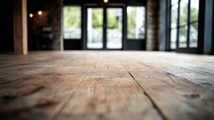 A close-up view of rustic wooden floorboards showcases their texture and hue, highlighting the warmth and character of a modern interior space filled with natural light.