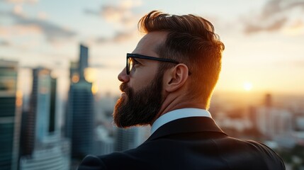 A bearded man in a business suit stands silhouetted against a breathtaking sunset, conveying ambition and determination while overlooking a vibrant city skyline.