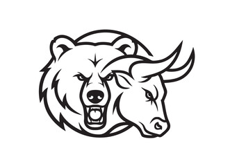 Fierce bear and aggressive bull heads in bold black-and-white logo design, symbolizing strength, power, and market dynamics.
