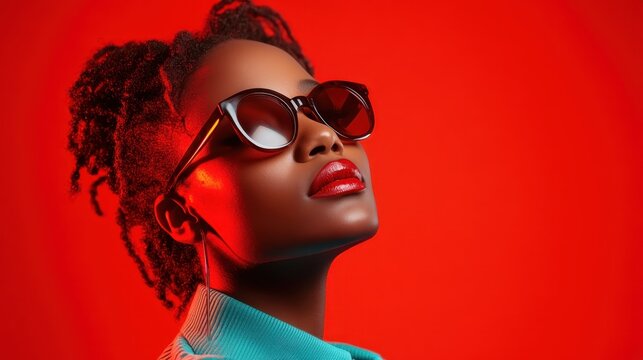 A confident woman poses against a vivid red backdrop, showcasing her funky sunglasses and bold red lipstick, exuding a blend of style and contemporary flair in a striking portrait.