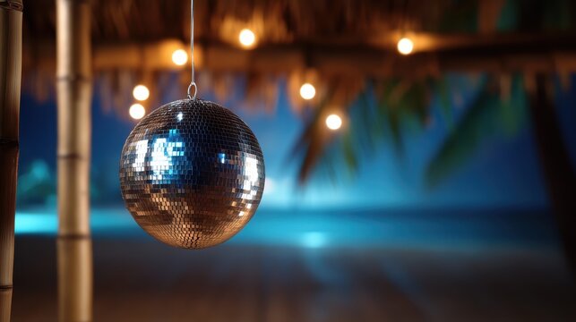 A sparkling disco ball hangs illuminated in a trendy beach bar environment, reflecting light across the space, creating a lively atmosphere perfect for dancing and celebration.