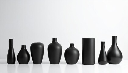 minimalist matte pale modern black vases of various shapes lined up on a white background