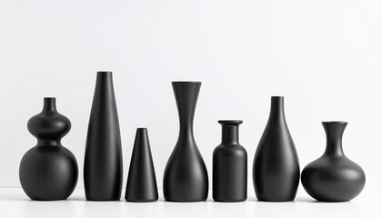 minimalist matte pale modern black vases of various shapes lined up on a white background