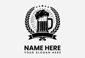 Stylized vector graphic of a beer mug overflowing with foam, surrounded by a laurel wreath and stars, with a banner below.