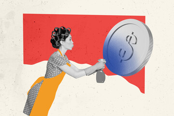 Composite artwork photo collage template sketch of retro housewife young lady spray coins money finance market currency dollars earnings
