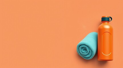 Sports water bottle and teal soft fitness towel on orange background with copy space