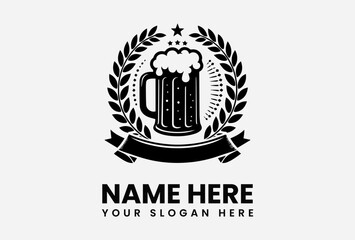 Vintage black and white emblem of a beer mug, surrounded by laurel wreath and ribbon, for a brewery or pub.