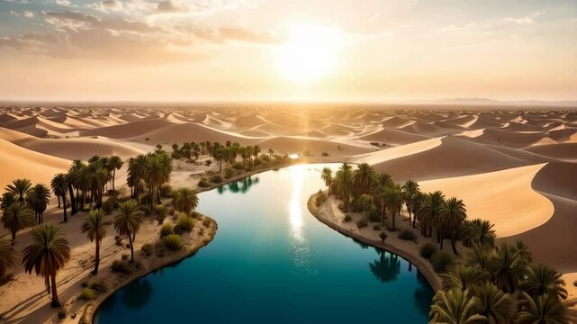 Serene oasis amidst desert sand dunes with turquoise water reflecting the bright sunrise and rows of palm trees lining the shore