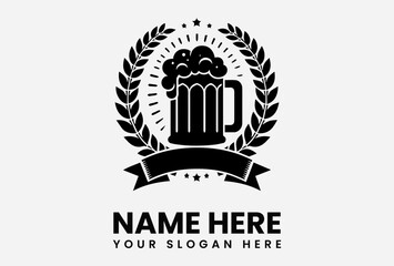 Fototapeta premium Vintage logo design featuring a beer mug, laurel wreath, and ribbon.