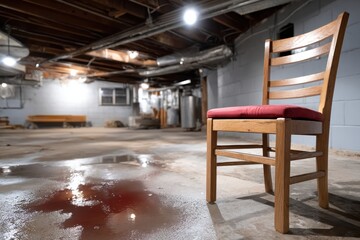 An eerie scene in a dimly lit basement features a lonely wooden chair next to a bloodstain, evoking feelings of dread and mystery within urban decay, suggesting dark pasts and stories.
