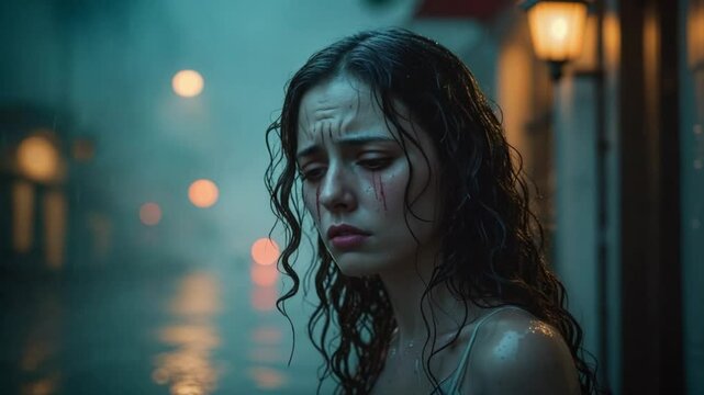 Sad Woman Standing Alone on Rainy Day


