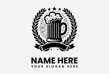 A monochrome beer mug logo, encircled by a laurel wreath and banner, ready for customization.