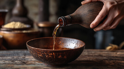 Chinese Shaoxing rice wine pouring into bowl and traditional Chinese wine culture concept