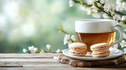 Elegant macarons displayed alongside a steaming cup of tea and blossoms, conveying indulgence and a serene moment of relaxation and enjoyment.