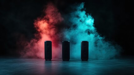 A striking image of three audio speakers surrounded by vibrant smoke effects, capturing the essence of sound and energy in a contemporary setting.
