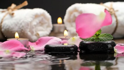 Jacuzzi spa scene with rose petals, candles, towels, and stones for a romantic and relaxing atmosphere. Perfect for spa promotions.