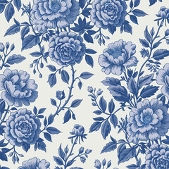 Elegant Blue Floral Wallpaper A Detailed Pattern of Roses and Vines