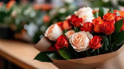 Obraz premium A stunning bouquet of assorted roses in vibrant colors, elegantly arranged with lush greenery, perfect for special occasions or romantic gestures.