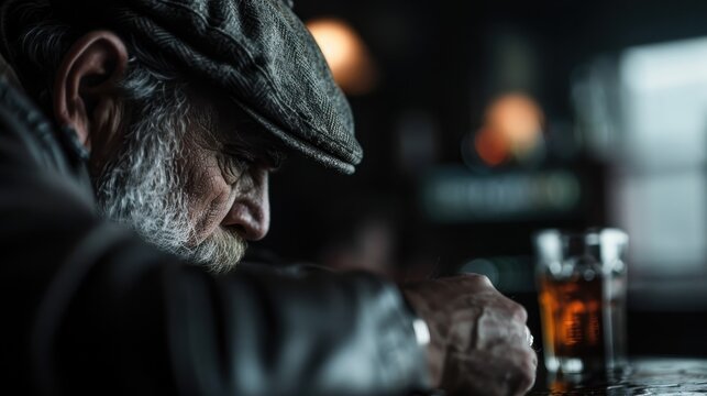A contemplative senior man with a beard, immersed in thought at a bar, with a glass of whiskey, symbolizing solitude and reflection about life.
