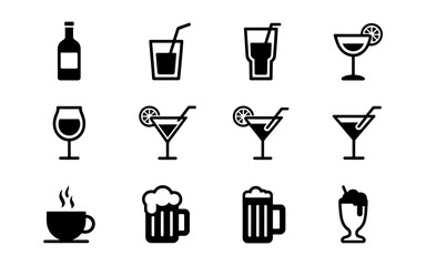 A Set of 12 Minimalist Black and White Drink Icons