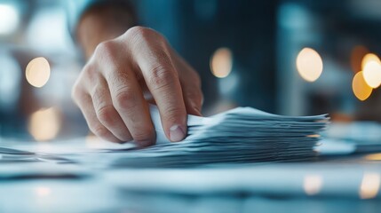 A close-up image of a hand meticulously sorting through a stack of papers on a table, illustrating the themes of organization and productivity in daily tasks.