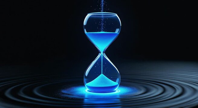 A futuristic 4K visual of a glowing blue hourglass standing on rippling water in a dark environment. The neon illumination and minimalist design make it ideal for themes of time, technology, focus, an