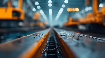 A close-up view of industrial railway tracks, enhanced with bokeh effects, showcasing the beauty and intricacies of machinery within a dynamic work setting.