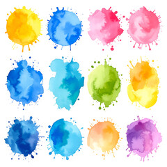 Set of colorful watercolor splatters with transparent background
