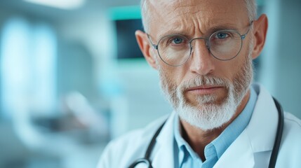 A serious and thoughtful doctor in a white coat in a clinical environment, embodying wisdom, experience, and a deep commitment to patient health and well-being amid challenges.
