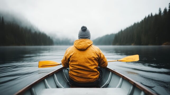 A serene image of an individual in a yellow jacket rowing a boat on a mist-covered lake, surrounded by lush forest, evoking feelings of tranquility and solitude in nature.