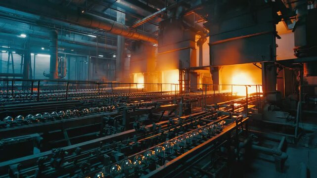 Photorealistic night view of a glass factory interior in blue and orange tones, showcasing glowing furnaces and industrial conveyor lines
