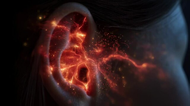 Medical animation revealing intense burning sensation within ear canal, graphically depicting neurological hearing disorder and underlying inflammatory symptoms affecting auditory system