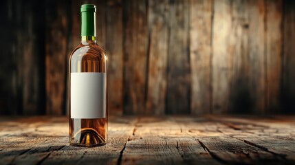 A simple yet elegant photograph featuring a wine bottle with a blank label, resting on a rustic wooden table, ideal for conveying sophistication and simplicity in dining.