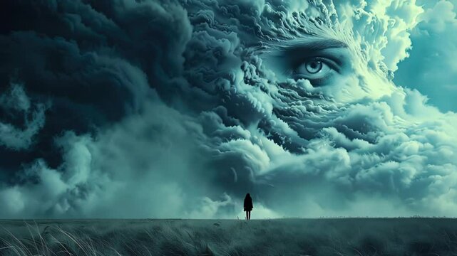 A surreal scene of a human face forming in storm clouds above a field&mdash;representing schizophrenia&rsquo;s visual hallucinations and inner turmoil.