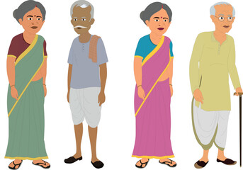 Obraz premium Indian Elderly Couple Vector Illustration – Old Man and Woman in Traditional Outfits, Senior Characters in Saree and Dhoti, Rural Lifestyle, Cultural Heritage, Flat Design Clipart for Family Concept