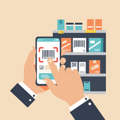Person scanning barcode with smartphone while standing near shelves  