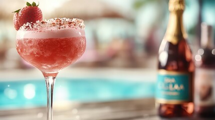 A refreshing strawberry cocktail with a festive garnish sits beside a sparkling pool, capturing the essence of summer relaxation and fun, inviting you to enjoy leisure time outdoors.