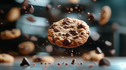 A delectable chocolate chip cookie appears to float amidst scattered chocolate chips, creating a dreamy and whimsical scene that tempts the viewer’s taste buds and imagination.
