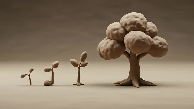 Playful clay models showcasing the growth stages of a tree from seedling to full maturity