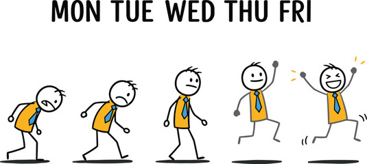 Stick figure character showing work week progression from tired Monday to joyful Friday with business attire and blue tie in office setting, concept.