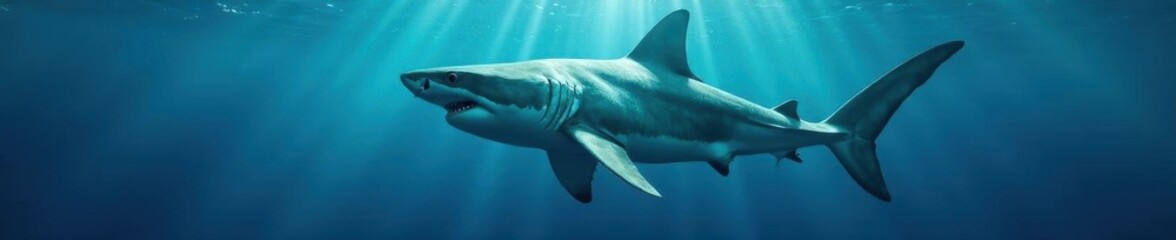 Fototapeta premium Massive great white shark glides through deep blue water, fish, predator, wild
