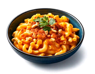 カシューナッツソースのヴィーガンマカロニ＆チーズ。白背景。（Vegan Macaroni and Cheese with Creamy Cashew Sauce. white background.）
