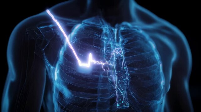 Medical visualization showcasing a wireless pacemaker delivering electrical impulses to a patient's heart, ensuring proper function and rhythm