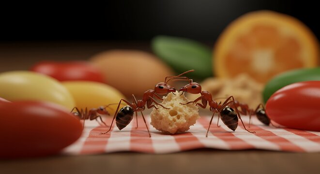 This image captures a visually compelling display of ant teamwork and perseverance of ants
