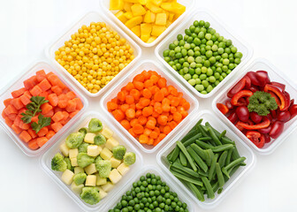 Vibrant Vegetable Assortment: A visually appealing arrangement of colorful, diced vegetables, showcasing the freshness and variety of healthy eating in a clear, clean setting.