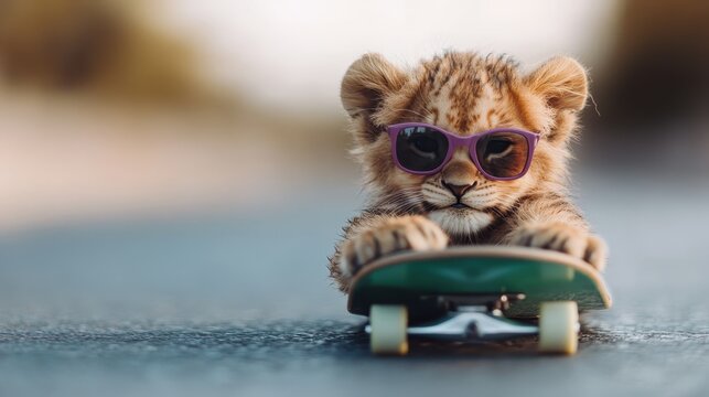 A cute lion cub showing off its skateboarding skills while wearing adorable purple sunglasses, creating a playful and trendy vibe with a hint of adventure.