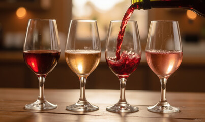 Pouring red wine into glass alongside three other wine glasses filled with different types of wine, creating vibrant and inviting atmosphere