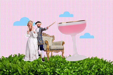 Pop zine image creative art collage of happy count guy duchess girl stand grass bush sword cocktail glass disco party celebration